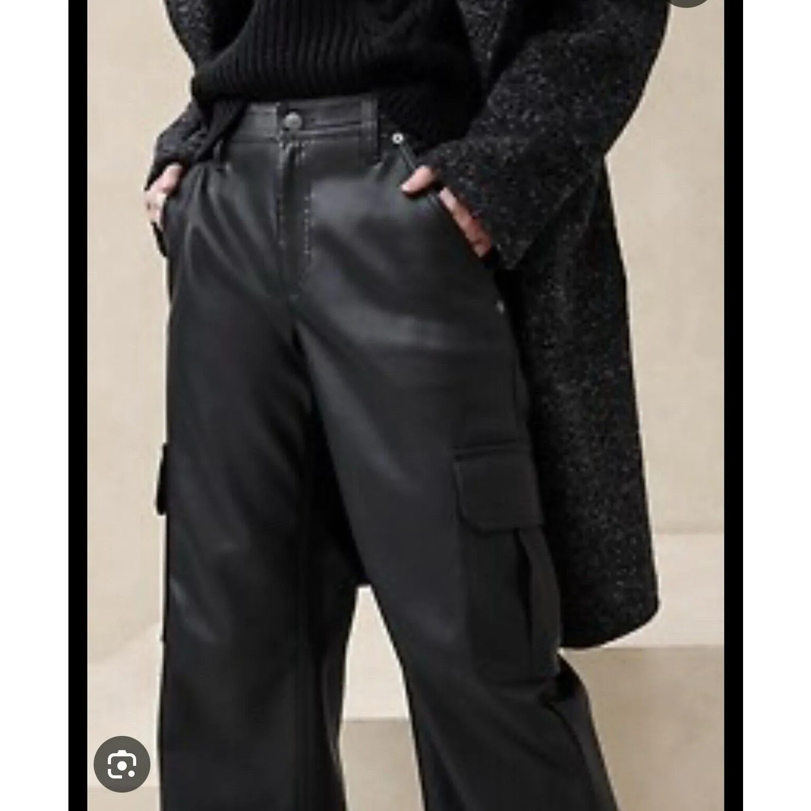 NWT Banana Republic Women's Factory Mid Rise Cargo Faux Leather Pants Black Size 8