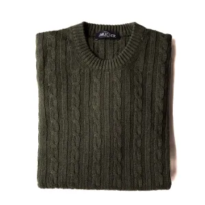Olive Cotton/Linen Cable Knit Crewneck