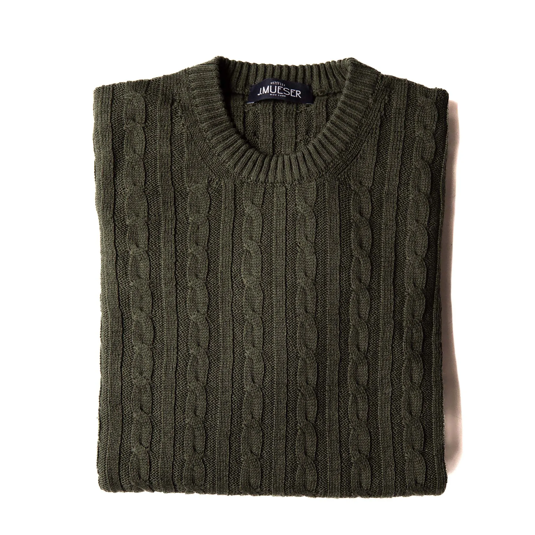 Olive Cotton/Linen Cable Knit Crewneck