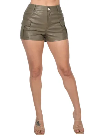Olive Faux Leather Cargo Mini Shorts