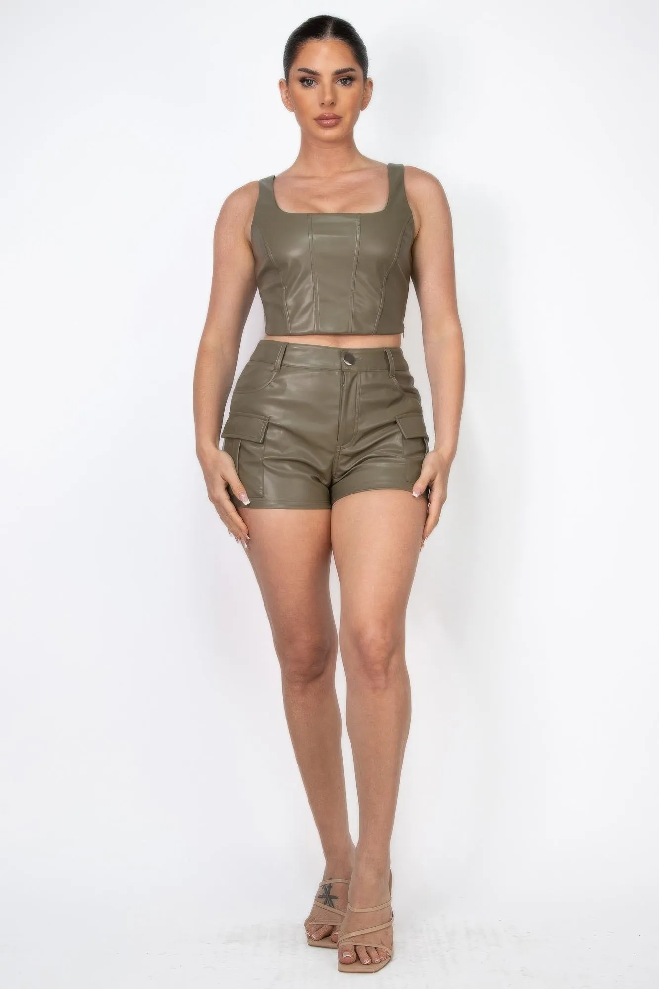 Olive Faux Leather Cargo Mini Shorts