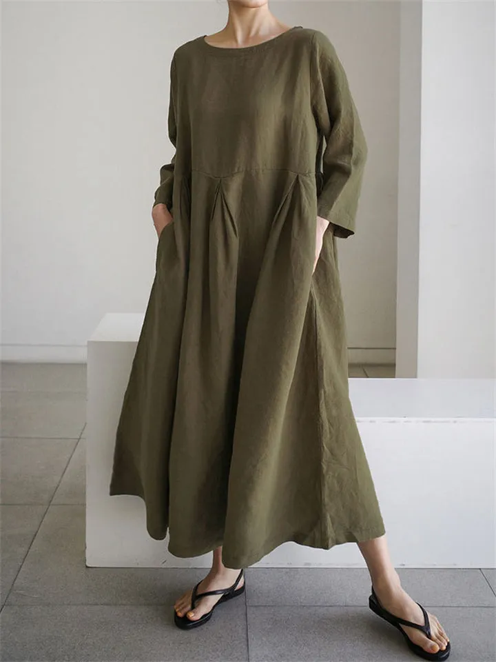 Oversized Round Neck Cotton Linen Pleated Dress for Lady