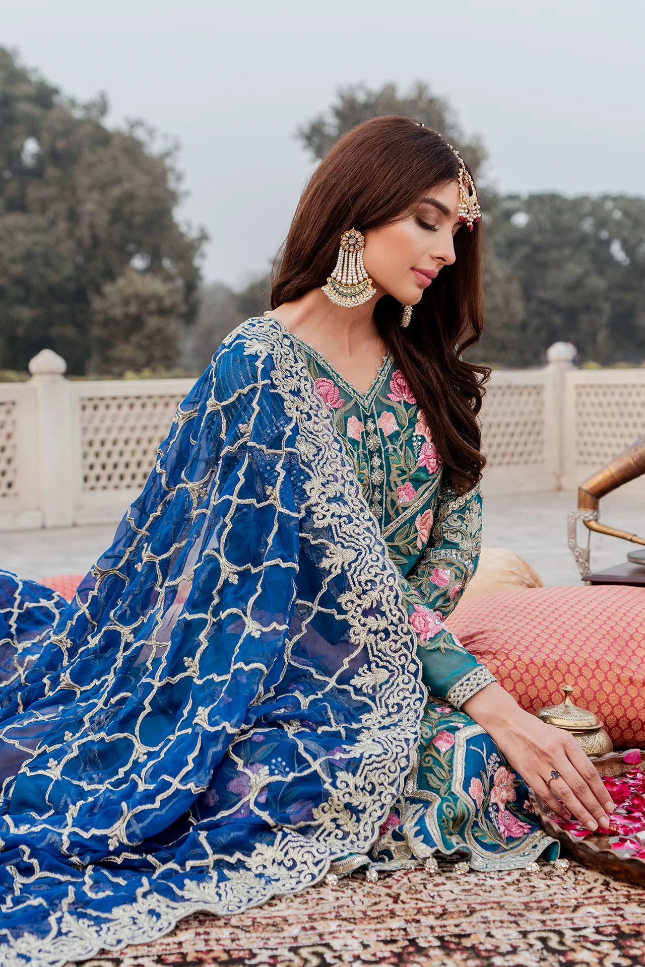 Pakistani chiffon embroidered party outfit in lavish green color # P2447