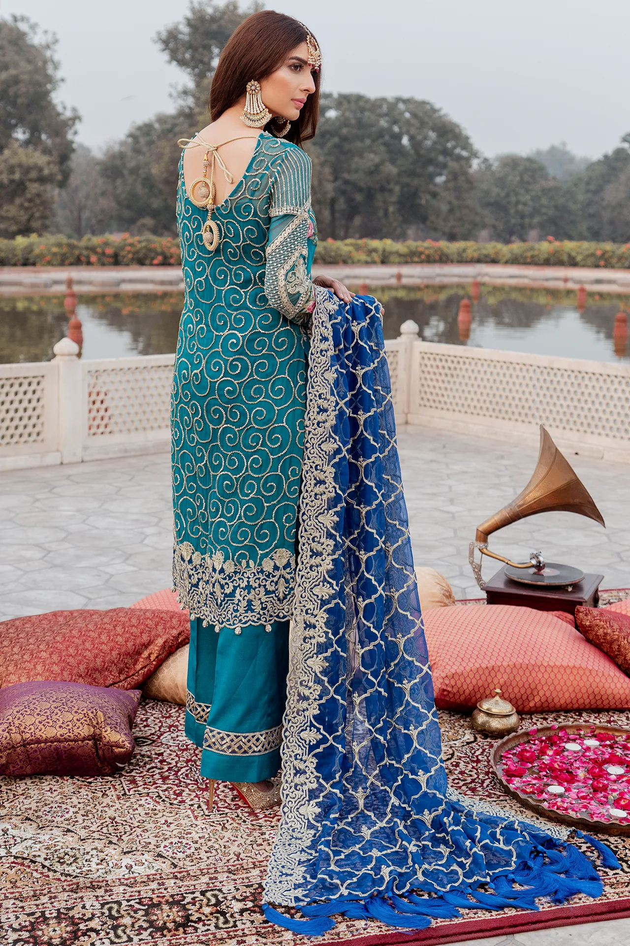 Pakistani chiffon embroidered party outfit in lavish green color # P2447