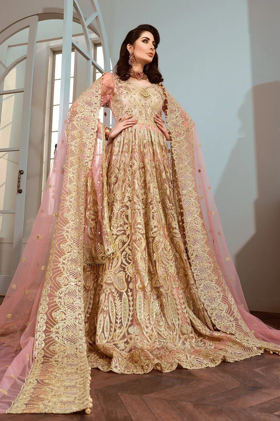 Pakistani Chiffon Frock for Party in Pink Color #N7032