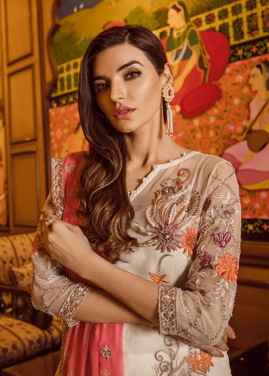 Pakistani chiffon outfit embroidered in elegant white color # P2304