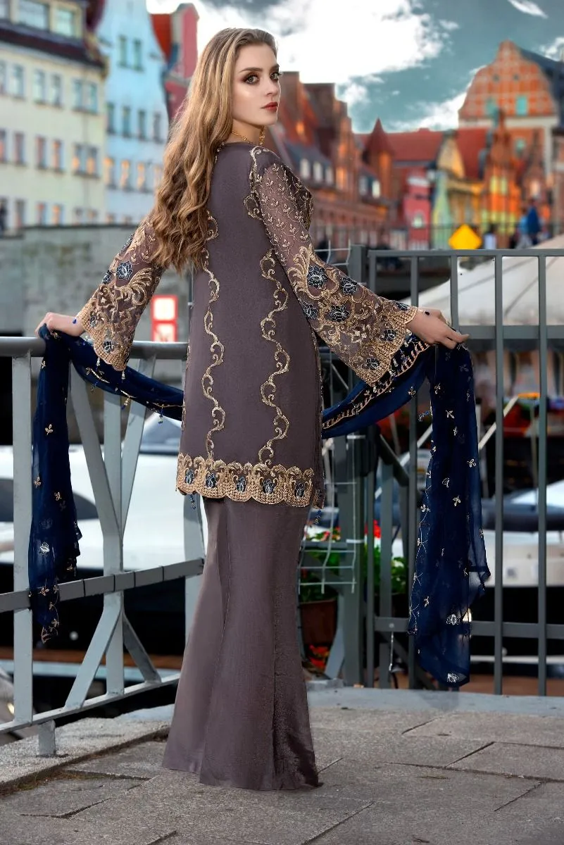 Pakistani designer chiffon embroidered outfit in indigo color # P2316