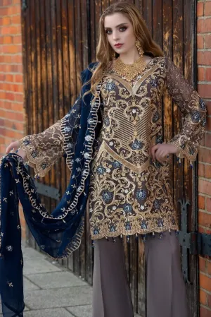 Pakistani designer chiffon embroidered outfit in indigo color # P2316