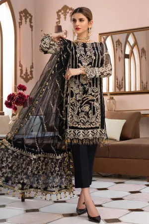 Pakistani designer embroidered chiffon outfit in black color # P2336