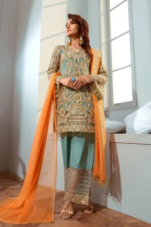 Pakistani Embroidered Chiffon Outfit in Turquoise Color #N7033
