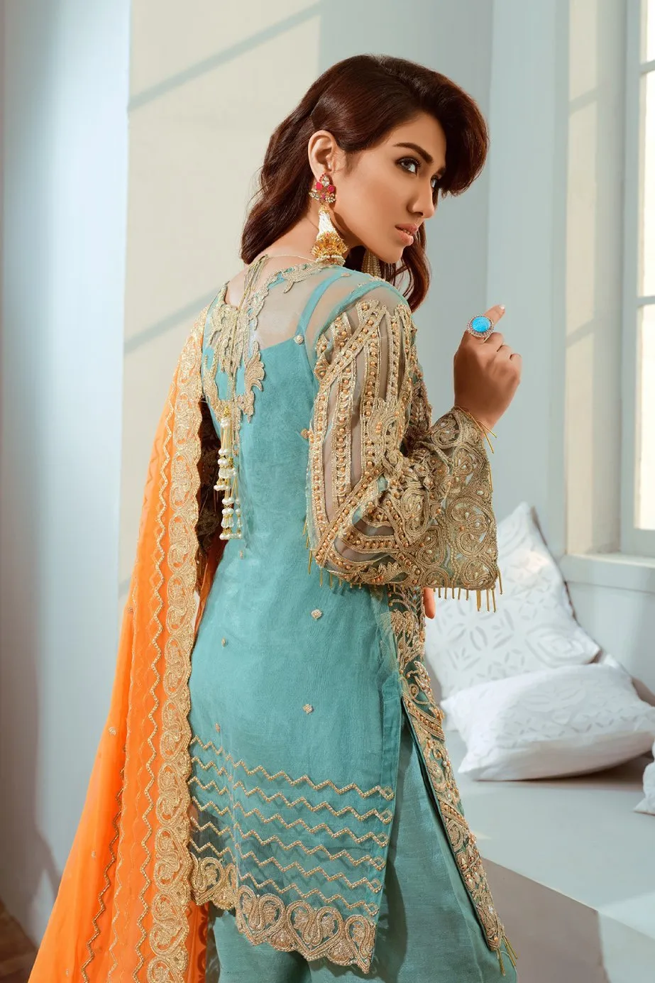 Pakistani Embroidered Chiffon Outfit in Turquoise Color #N7033