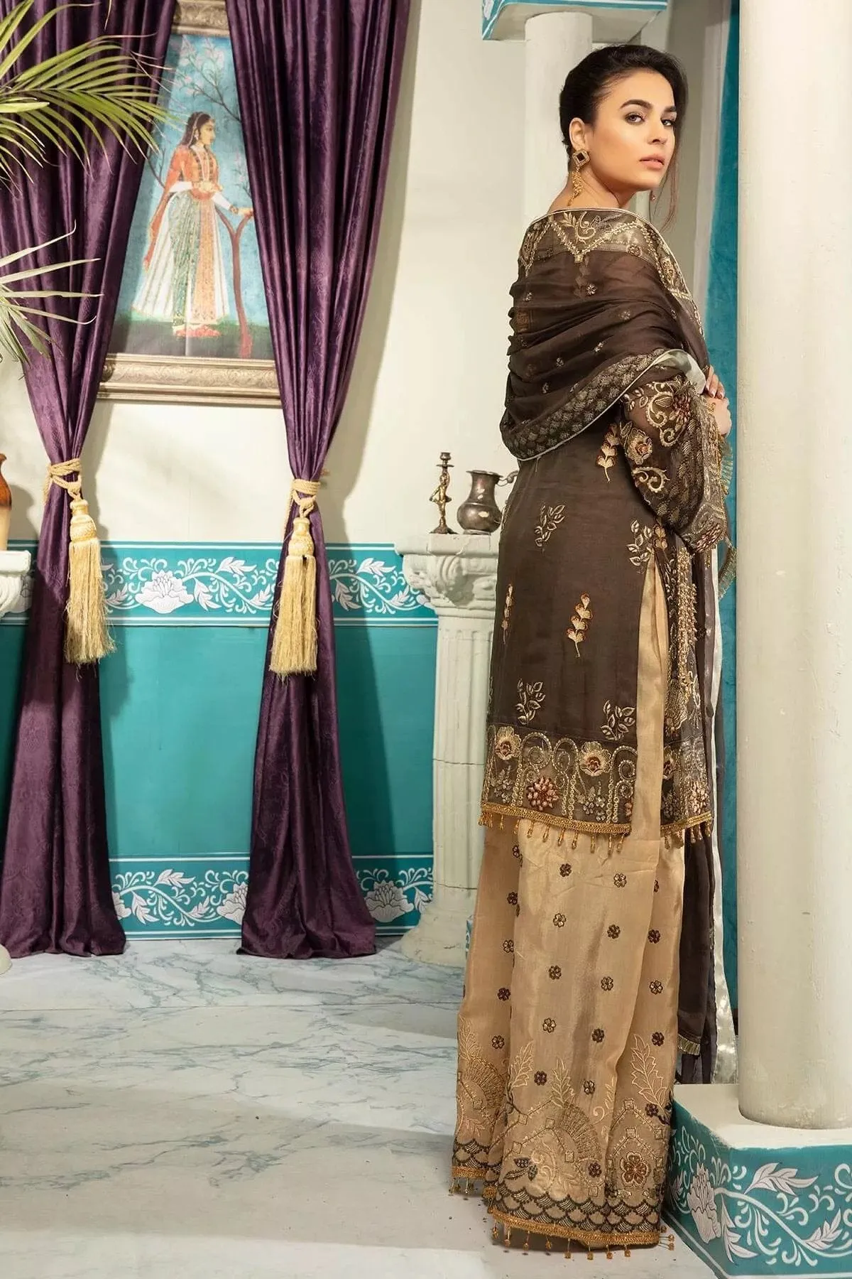 Pakistani Latest Chiffon brown Suit With Beige Combination # CA106