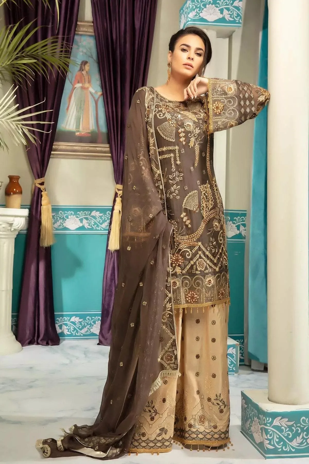 Pakistani Latest Chiffon brown Suit With Beige Combination # CA106