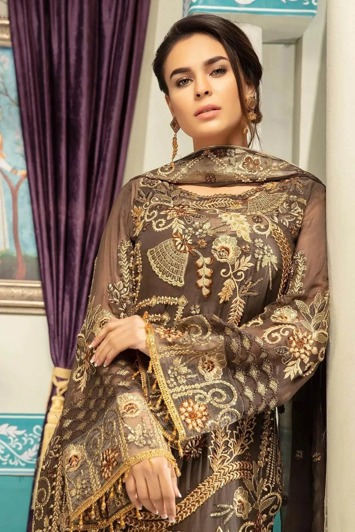 Pakistani Latest Chiffon brown Suit With Beige Combination # CA106