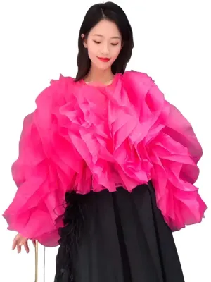 Patchwork Ruffle Trim Women's Blouse Round Neck Long Sleeve Loose Casual Solid Shirt Female