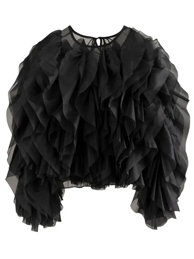 Patchwork Ruffle Trim Women's Blouse Round Neck Long Sleeve Loose Casual Solid Shirt Female