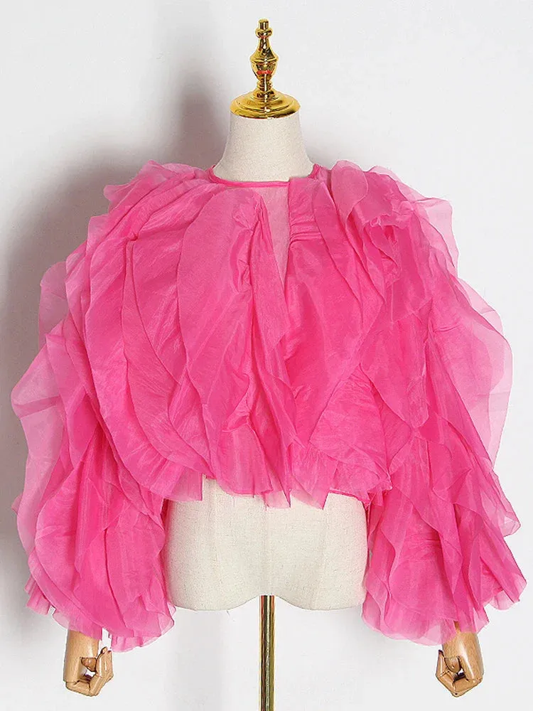 Patchwork Ruffle Trim Women's Blouse Round Neck Long Sleeve Loose Casual Solid Shirt Female