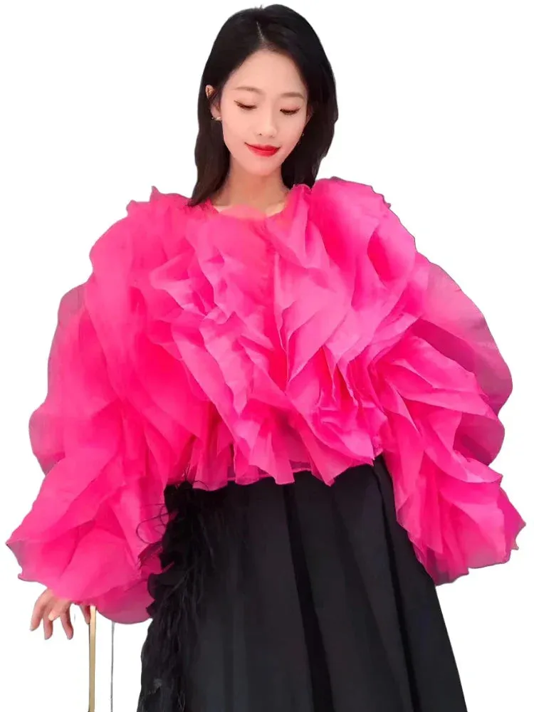 Patchwork Ruffle Trim Women's Blouse Round Neck Long Sleeve Loose Casual Solid Shirt Female