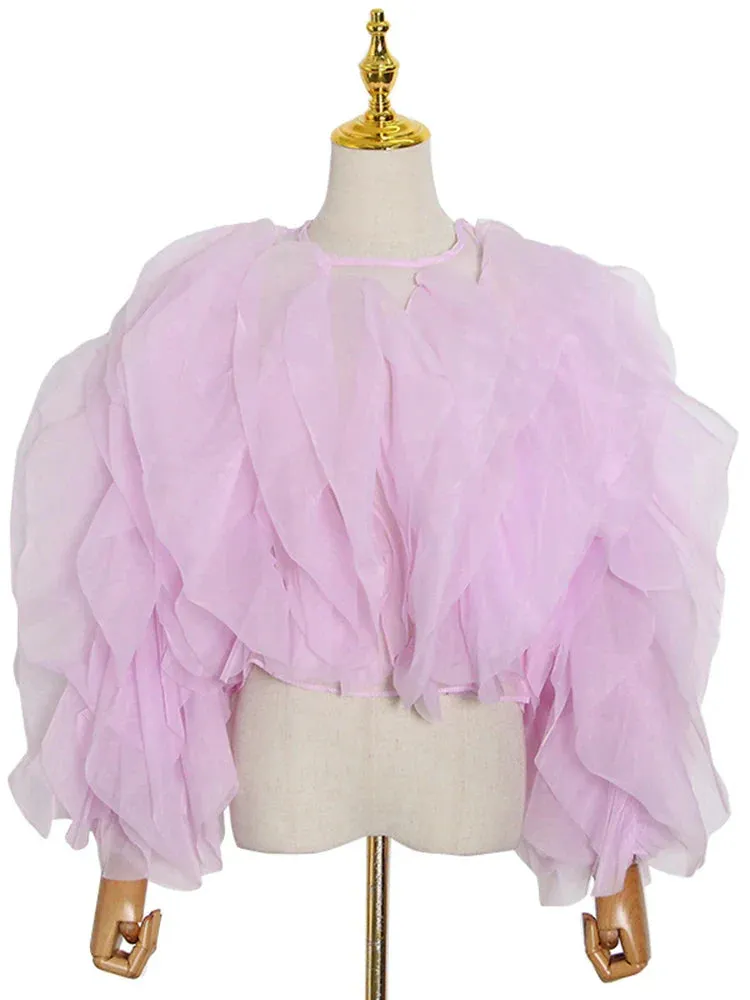 Patchwork Ruffle Trim Women's Blouse Round Neck Long Sleeve Loose Casual Solid Shirt Female