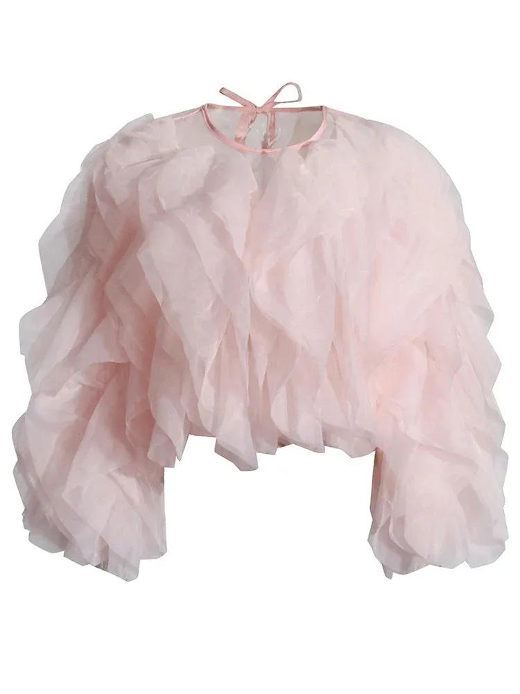 Patchwork Ruffle Trim Women's Blouse Round Neck Long Sleeve Loose Casual Solid Shirt Female