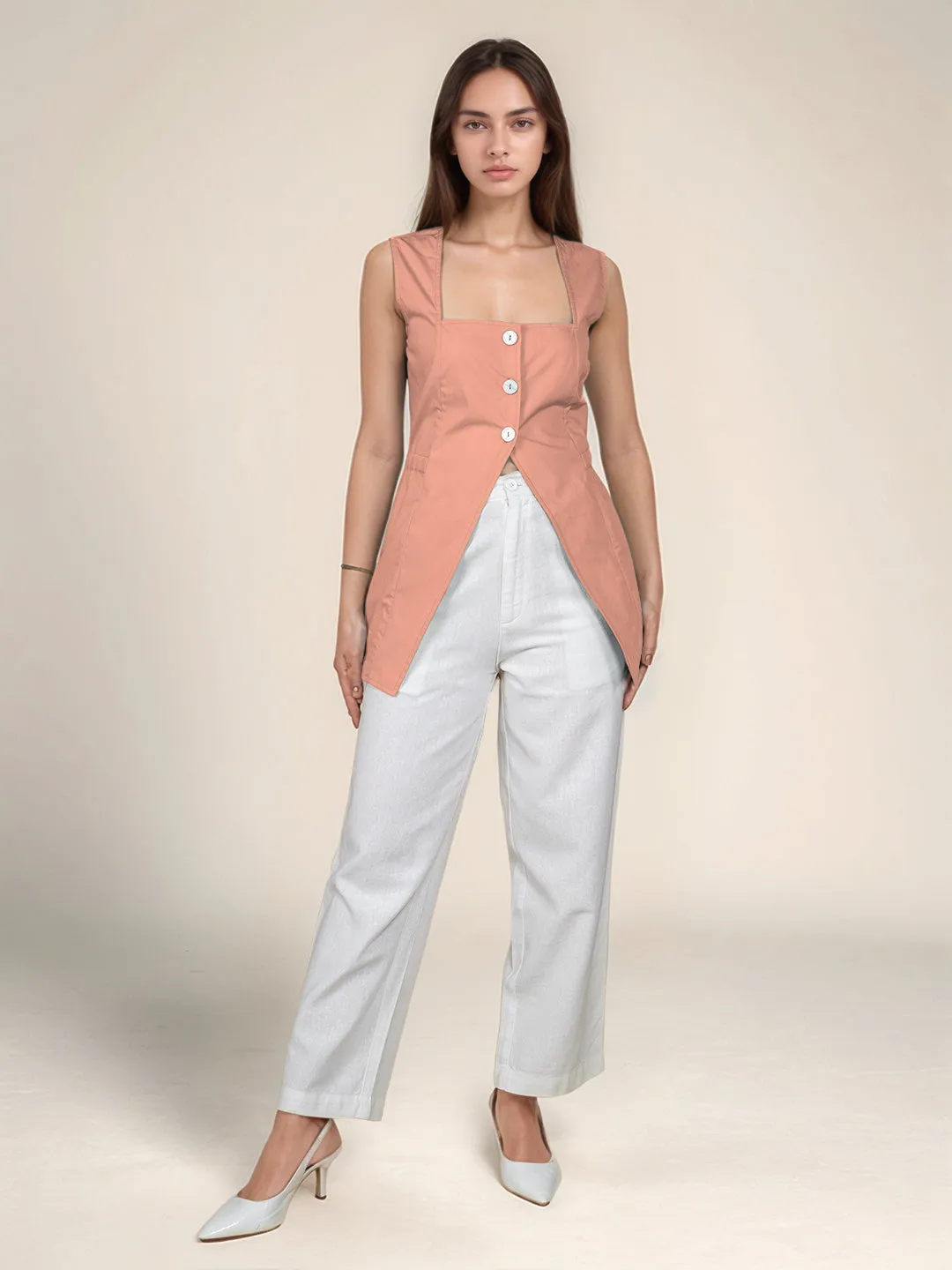 Peach Solid Square Neck Top