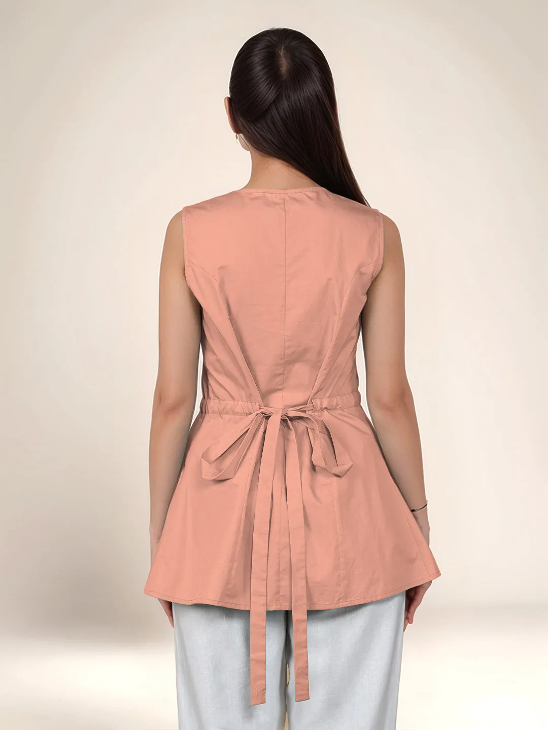 Peach Solid Square Neck Top