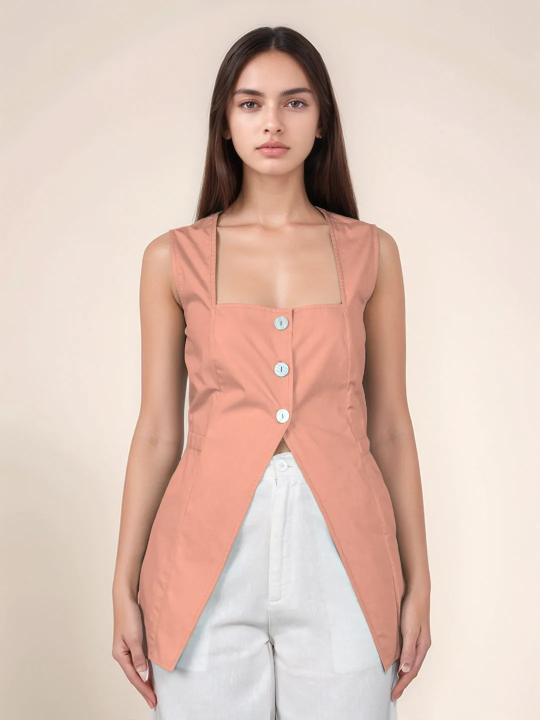 Peach Solid Square Neck Top