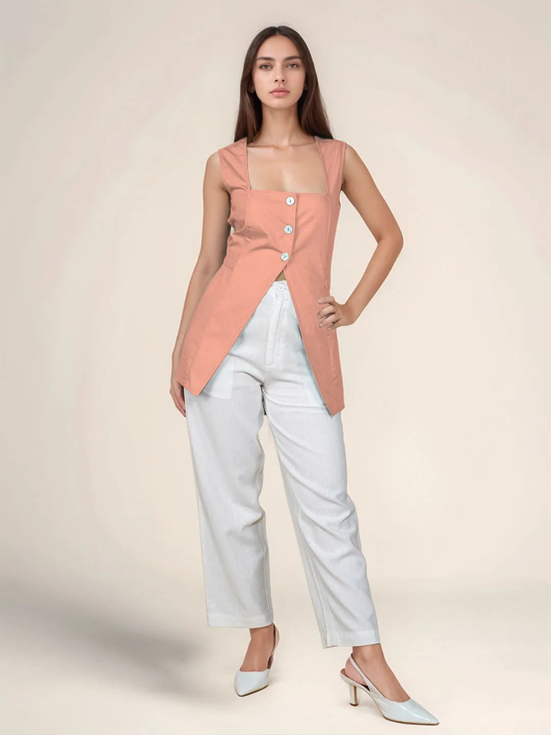 Peach Solid Square Neck Top