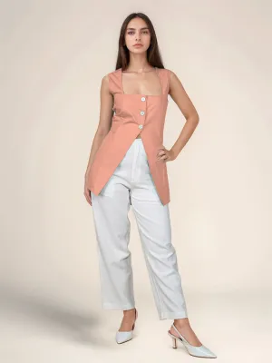 Peach Solid Square Neck Top