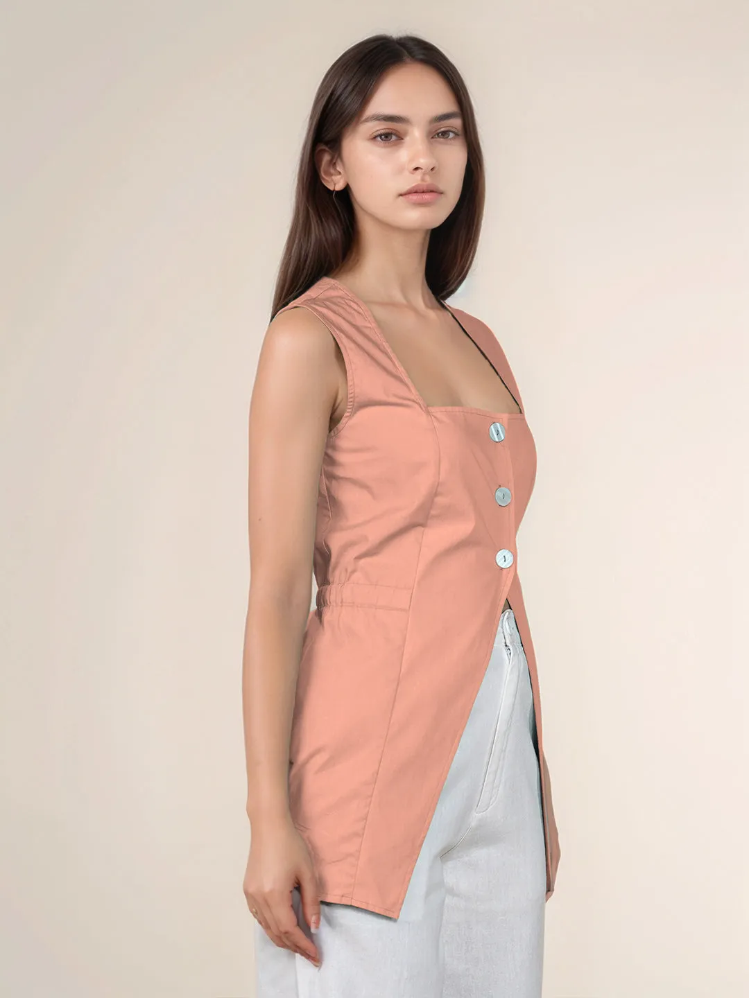 Peach Solid Square Neck Top