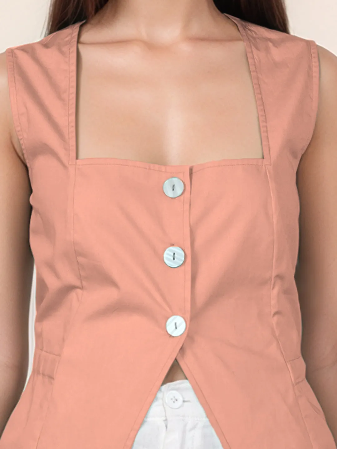 Peach Solid Square Neck Top
