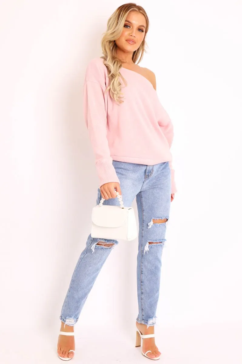 Pink Off Shoulder Knit Jumper - Brithany