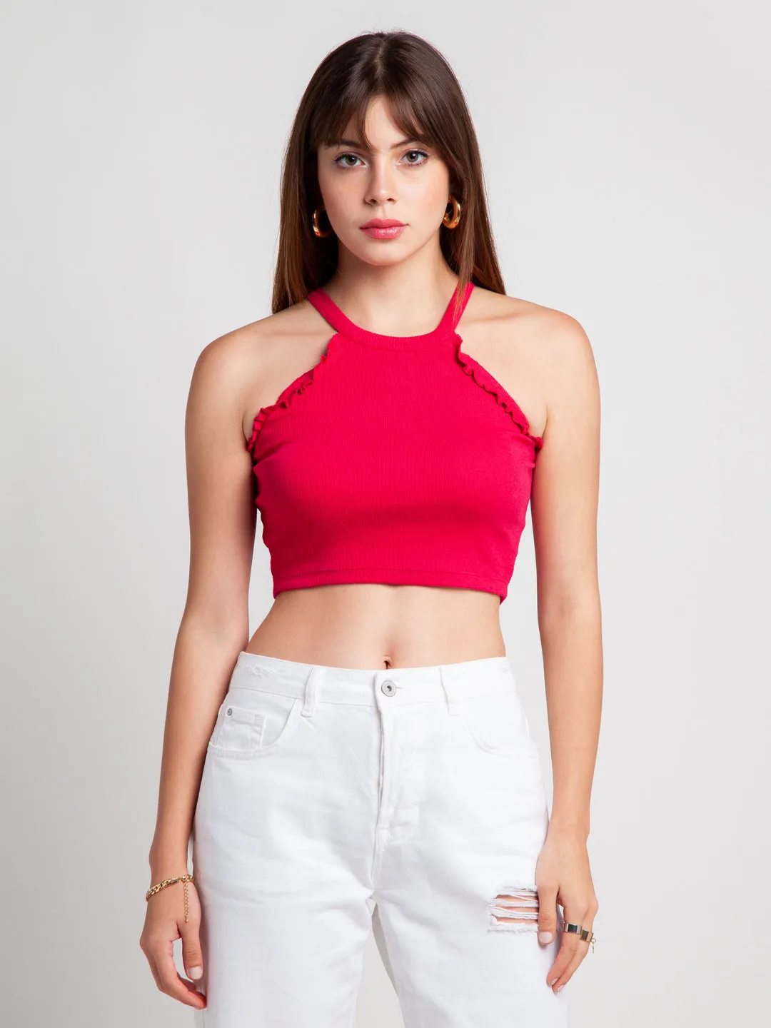 Pink Solid Ruffled Crop Top