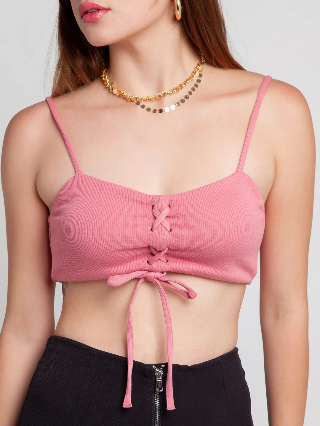 Pink Solid Strappy Crop Top
