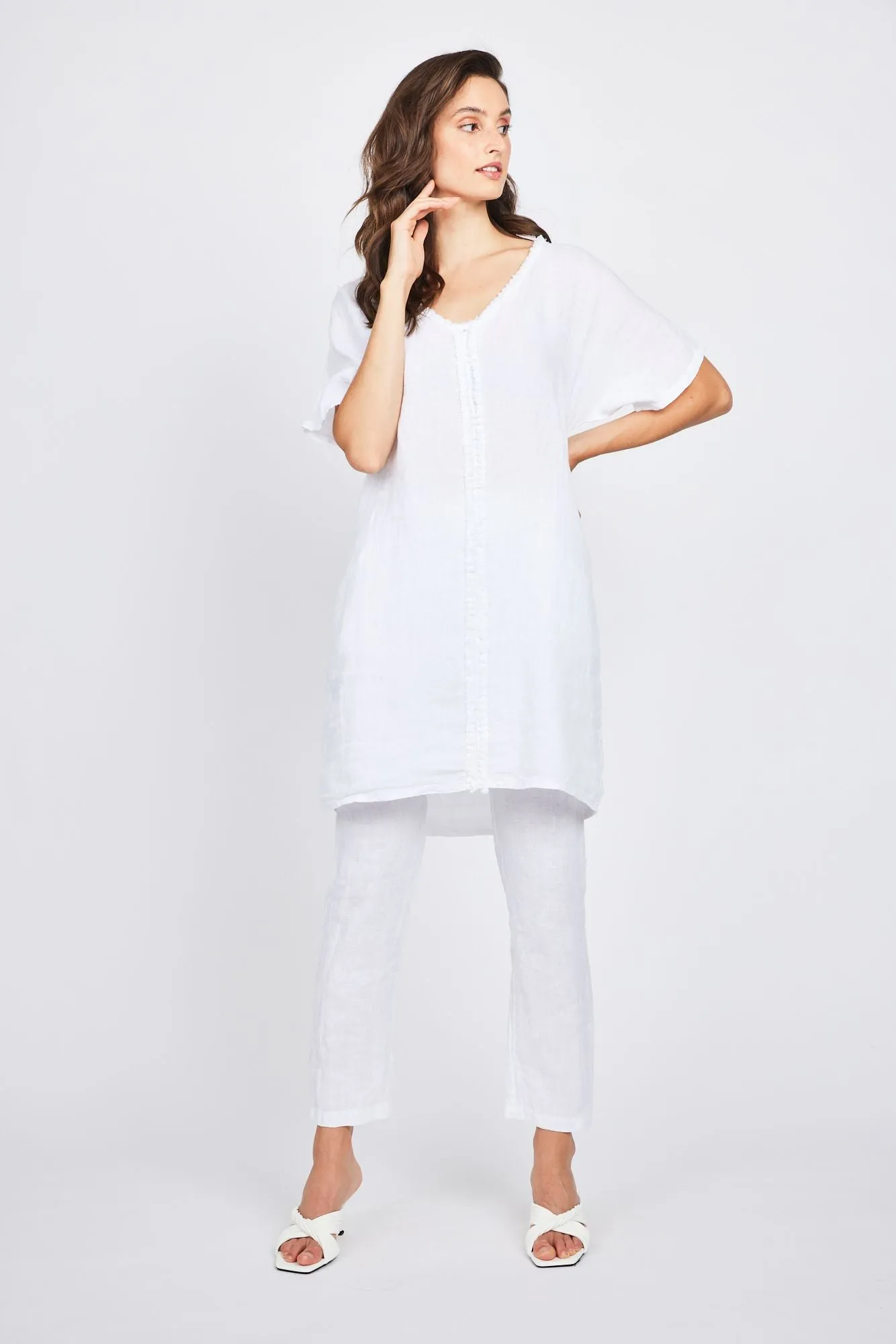 Pistache Caftan Linen Dress with Trimming