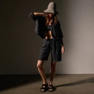 Pleated Linen Bermuda Short - Black