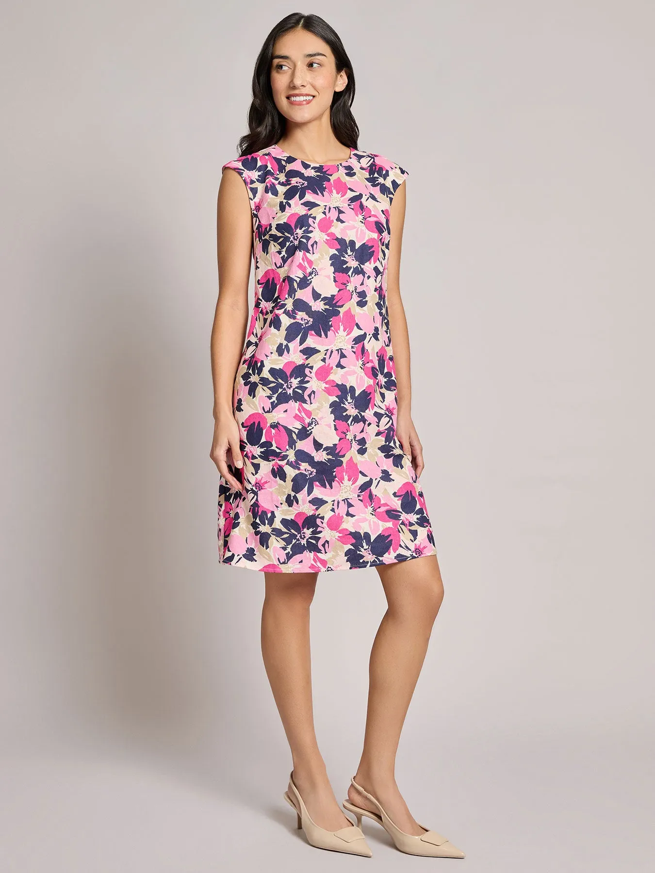 Plus Linen Cap Sleeve Swing Dress