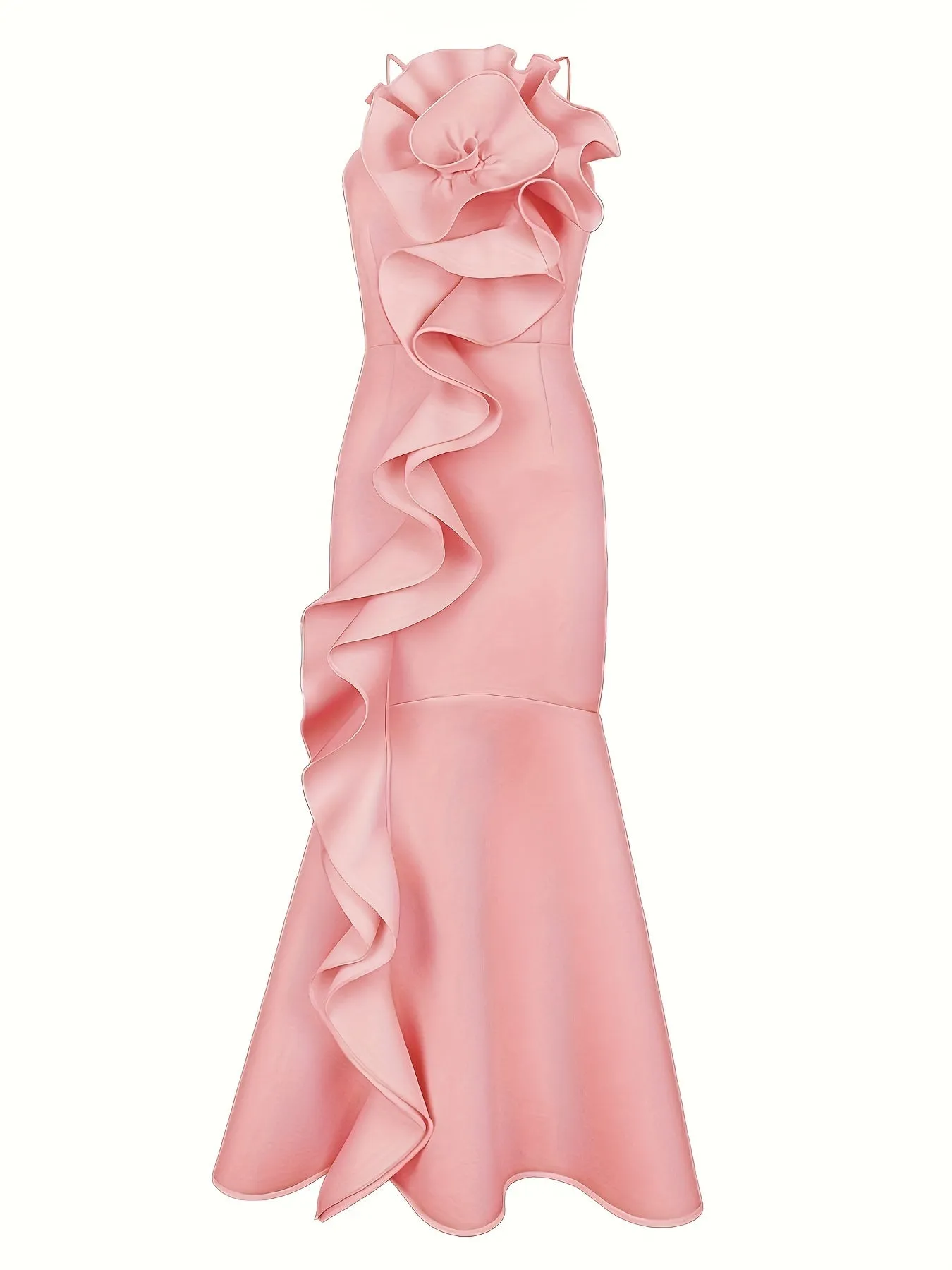 Plus Size Elegant Bodycon Ruffle Slip Dress - Spaghetti Strap, Exaggerated Ruffle, Long Length, Slight Stretch, Polyester, Sleeveless, Solid Color, Party Perfect for Spring, Summer, Fall - Womens Plus Size Clothing for Banquet and Formal Occasions