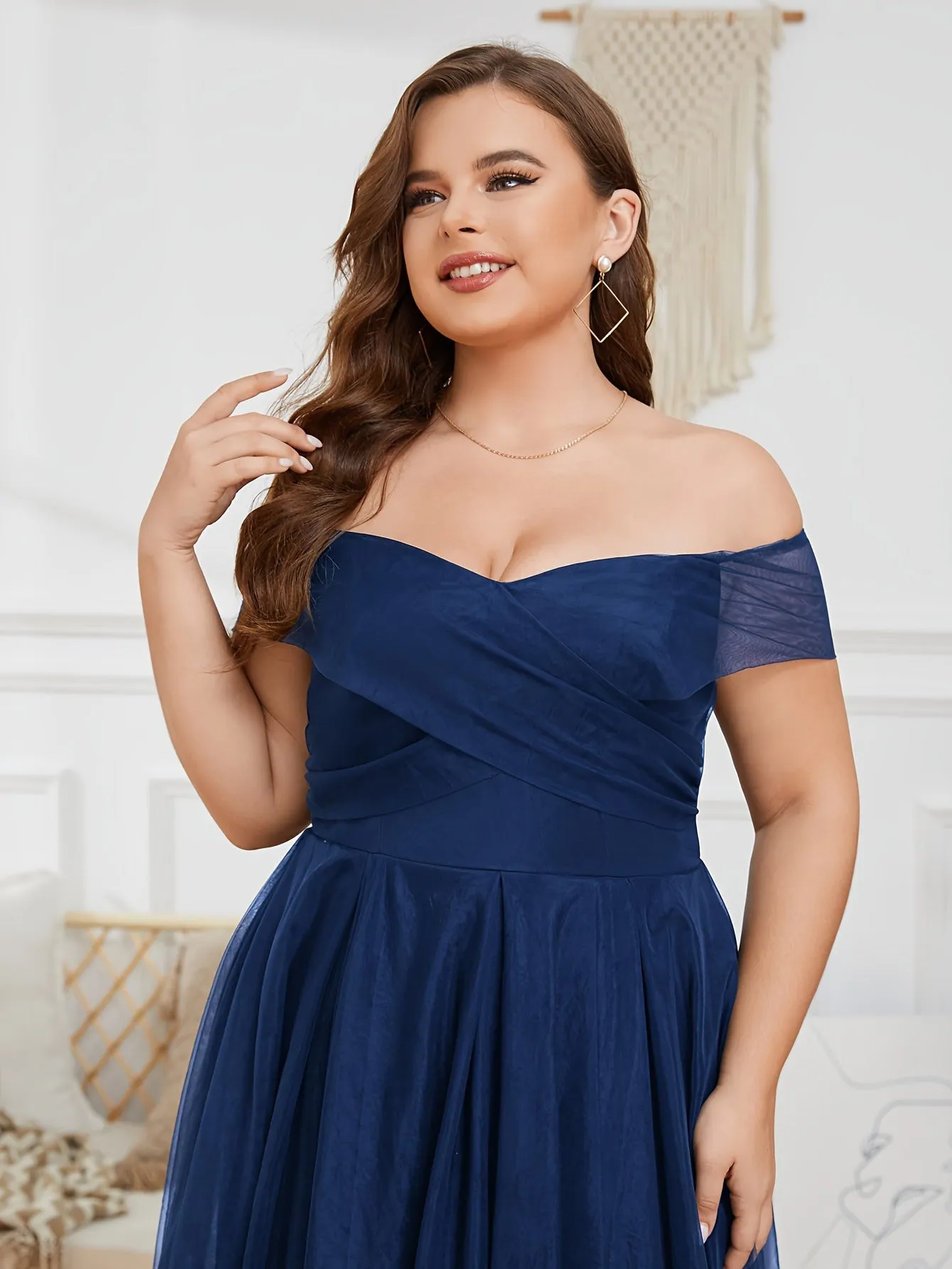 Plus Size Elegant Off Shoulder Midi Mesh Bridesmaid Dress - Ruched, Cross Strape, Sleeveless, Flared Hem - Hand Wash Only, Non-Stretch, All-Season, Regular Fit