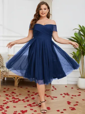 Plus Size Elegant Off Shoulder Midi Mesh Bridesmaid Dress - Ruched, Cross Strape, Sleeveless, Flared Hem - Hand Wash Only, Non-Stretch, All-Season, Regular Fit