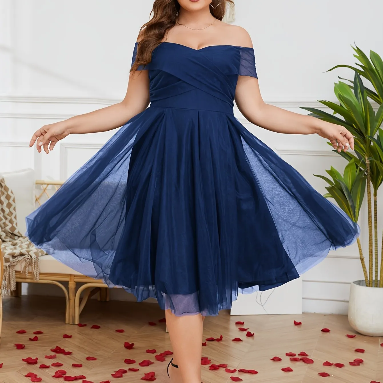 Plus Size Elegant Off Shoulder Midi Mesh Bridesmaid Dress - Ruched, Cross Strape, Sleeveless, Flared Hem - Hand Wash Only, Non-Stretch, All-Season, Regular Fit
