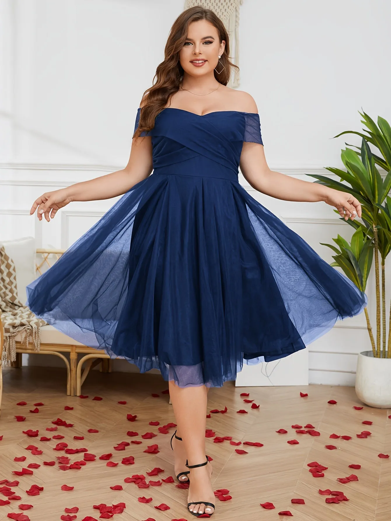 Plus Size Elegant Off Shoulder Midi Mesh Bridesmaid Dress - Ruched, Cross Strape, Sleeveless, Flared Hem - Hand Wash Only, Non-Stretch, All-Season, Regular Fit