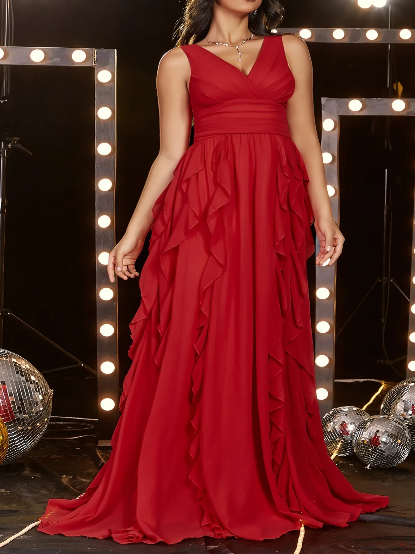 Plus Size Solid Bridesmaid Dress, Elegant Ruffled Sleeveless V Neck Gown For Weddings And Parties, Women's Plus Size Clothing