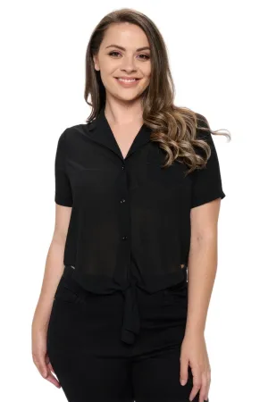 Plus Solid Chiffon Button Down Tie Front Short Sleeve Top