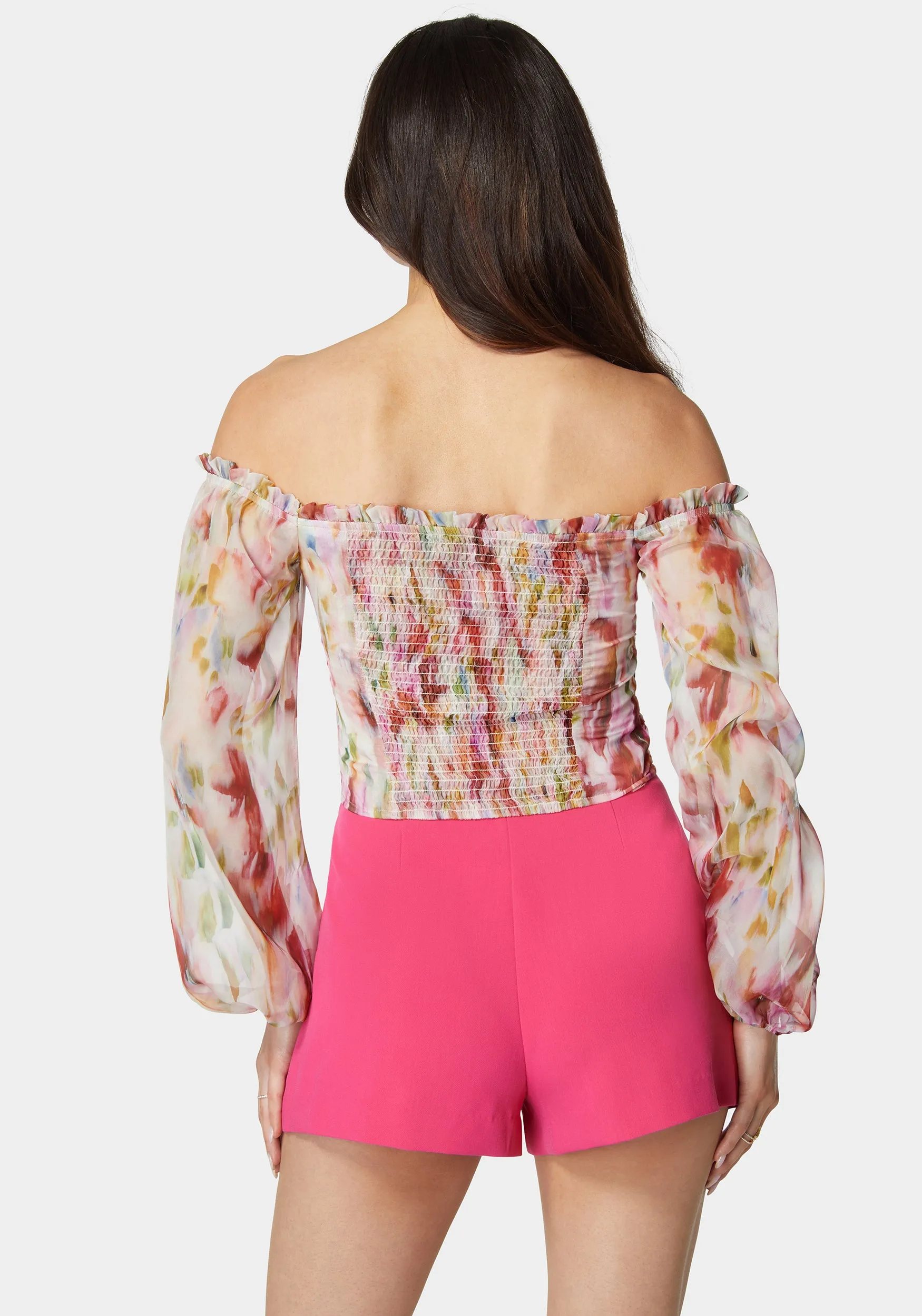 Printed Chiffon Cold Shoulder Ruched Top