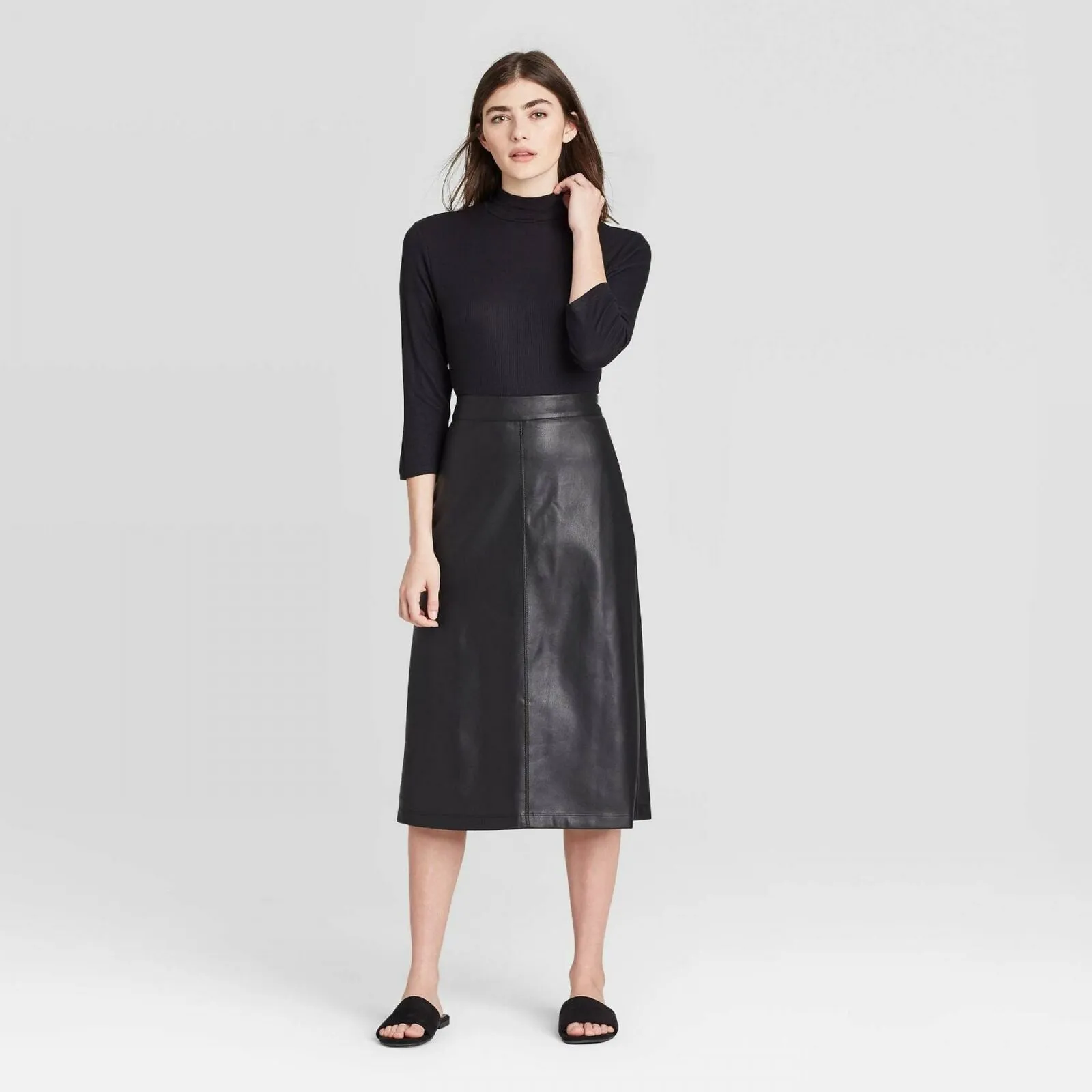 Prologue Women's Faux Leather A-Line Midi Skirt