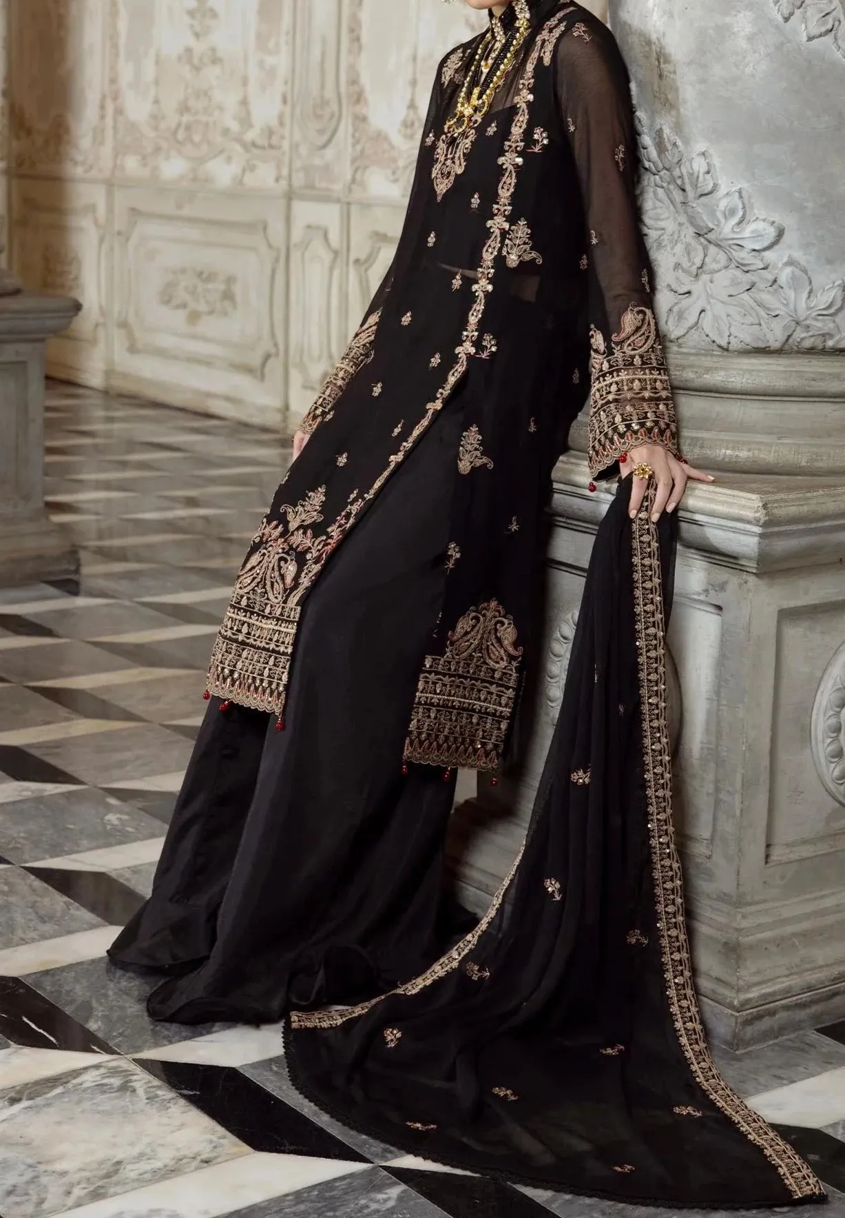 Rich Black- embroidered chiffon unstitched 3Pc Suit