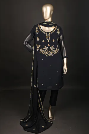 RTW-174-Navy Blue - 3Pc Ready to Wear Embroidered Adda Work Chiffon Dress