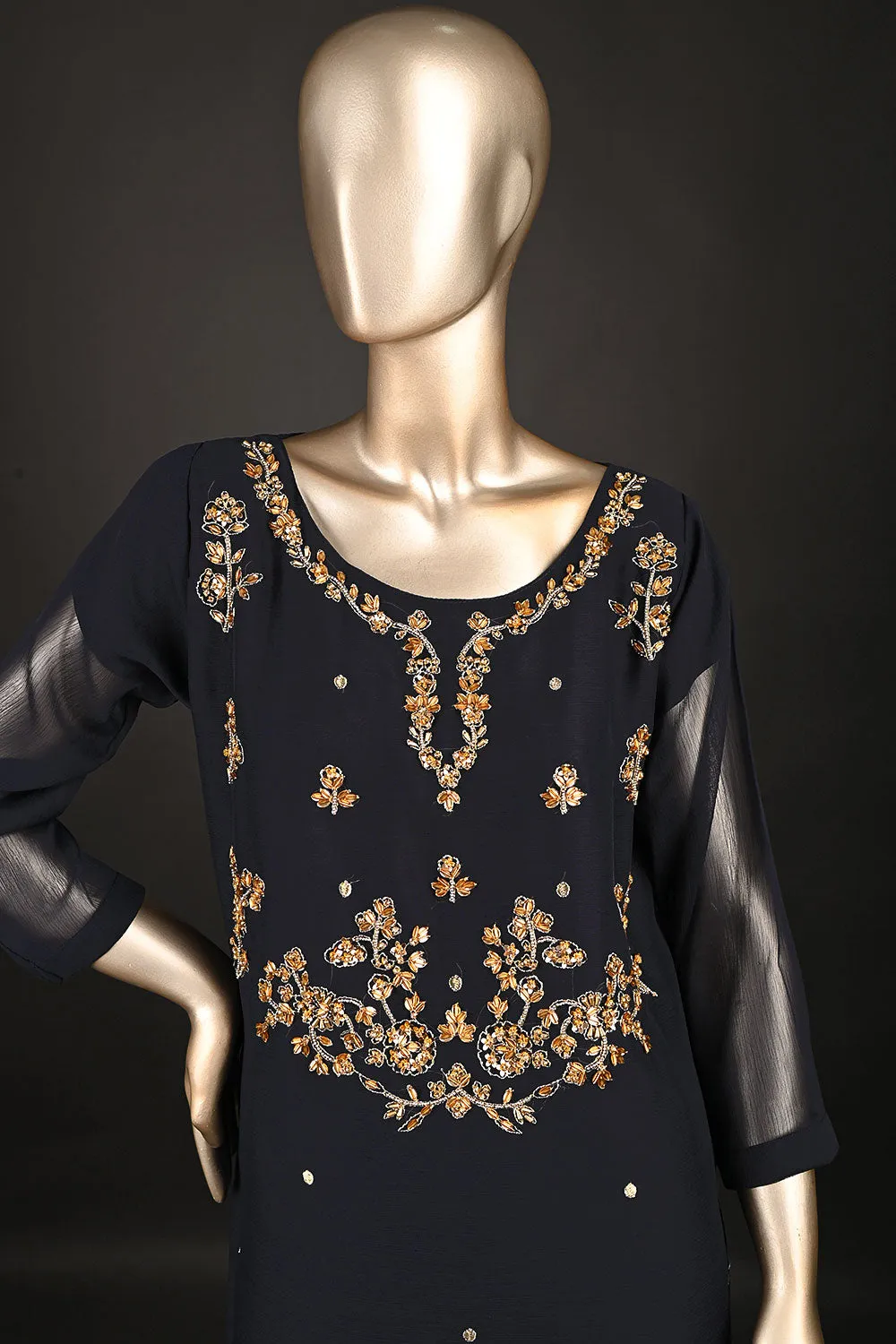 RTW-174-Navy Blue - 3Pc Ready to Wear Embroidered Adda Work Chiffon Dress