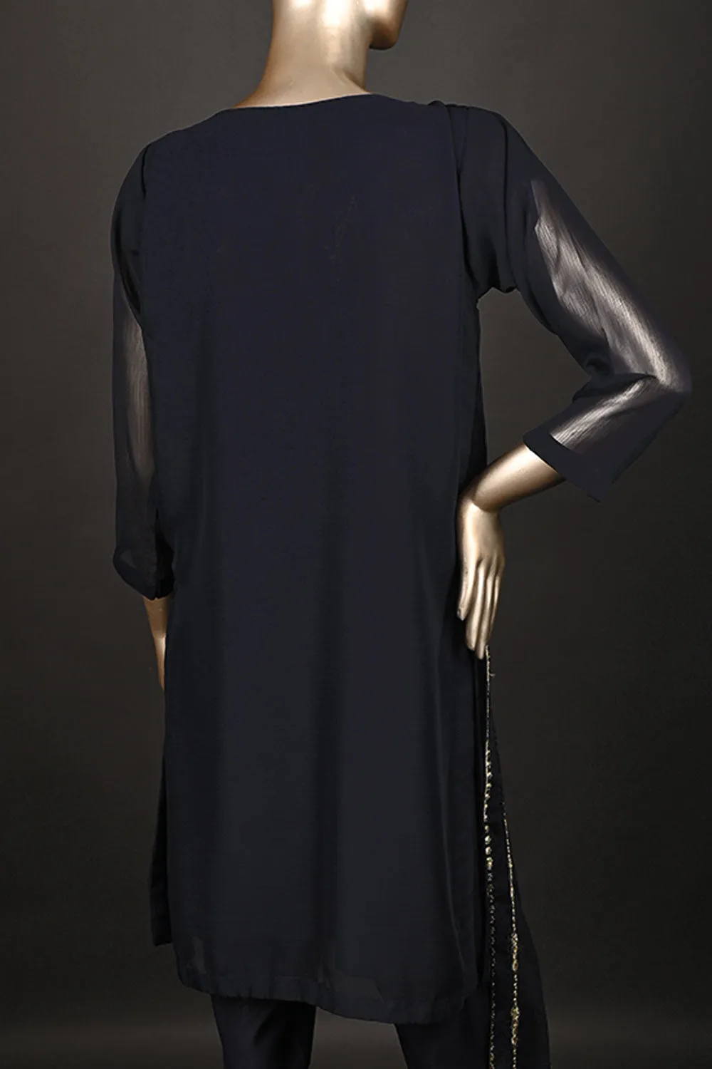 RTW-174-Navy Blue - 3Pc Ready to Wear Embroidered Adda Work Chiffon Dress